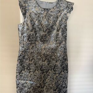 Elie Tahari Silver and Black Floral Jacquard Midi Dress